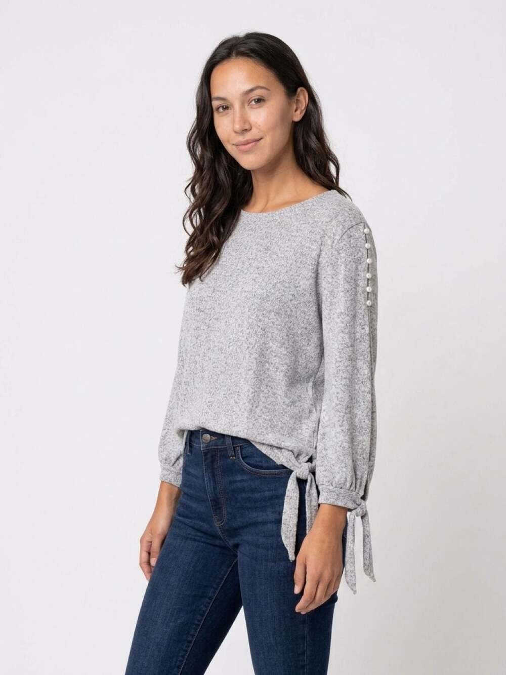 Alchemy Thread Grey Marled Crew Neck Long Sleeve Top with Faux Pearl Sleeve Det